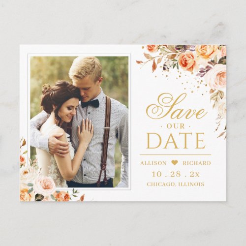 Rustic Autumn Gold Floral Wedding Save the Date Postcard
