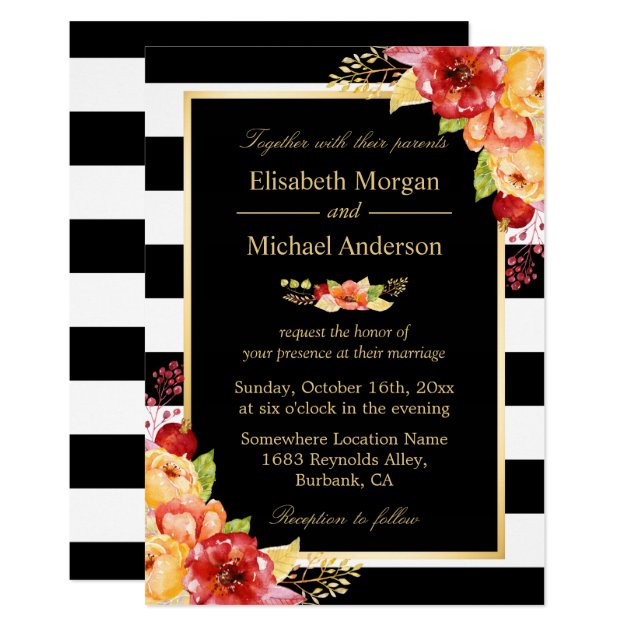 Rustic Autumn Gold Red Floral Stripes Fall Wedding Invitation
