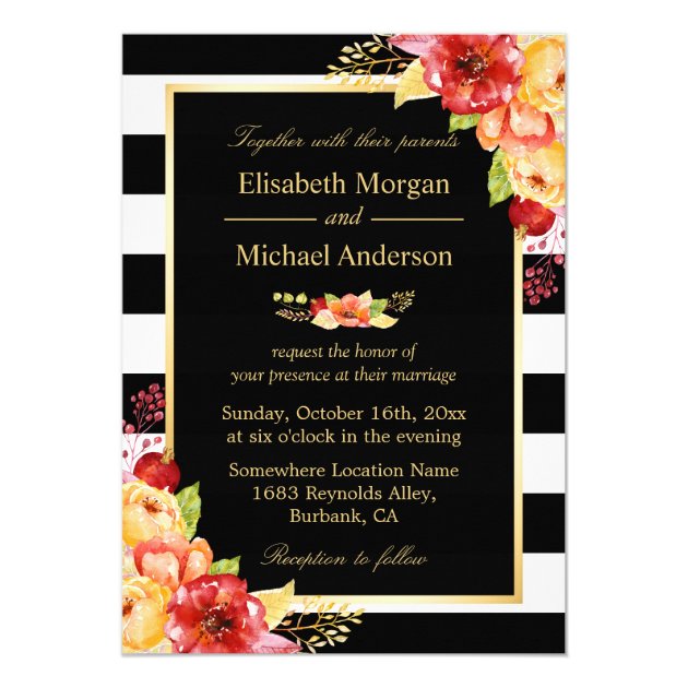 Rustic Autumn Gold Red Floral Stripes Fall Wedding Invitation