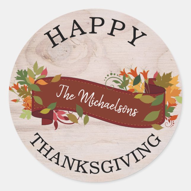 Rustic Autumn Happy Thanksgiving Classic Round Sticker (Front)