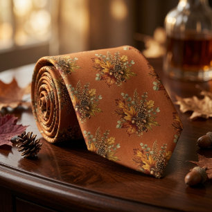 Rustic Autumn Harvest Botanical Leaves Pinecone Neck Tie