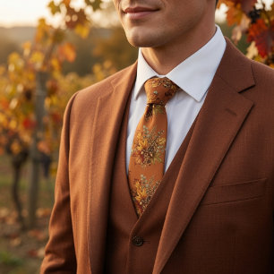 Rustic Autumn Harvest Botanical Leaves Pinecone Neck Tie