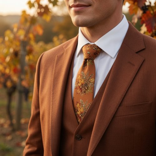 Rustic Autumn Harvest Botanical Leaves Pinecone Neck Tie
