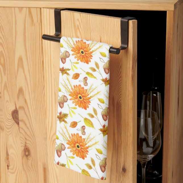 Rustic Autumn Harvest Orange Floral Monogram Kitchen Towel (Thirds Fold)