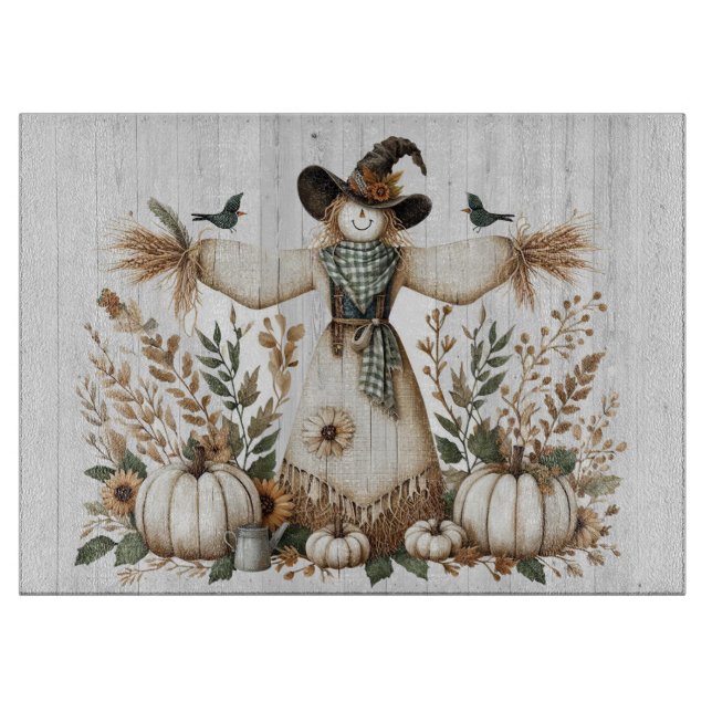 Rustic Autumn Harvest Scarecrow with Pumpkins Cutting Board (Front)