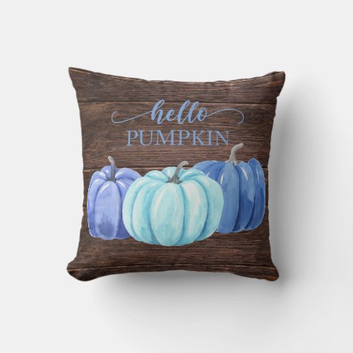 Rustic Autumn Hello Blue Pumpkins Throw Pillow