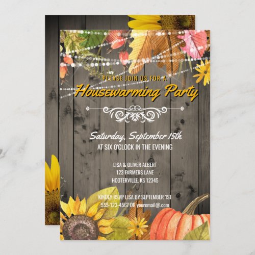 Rustic Autumn Housewarming Party Barnwood Lights Invitation