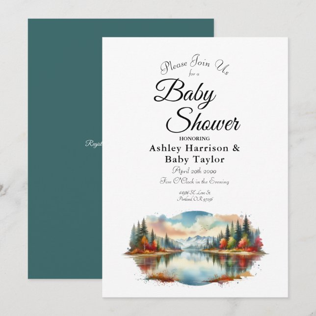 Rustic Autumn Lakeside Forest Baby Shower Invitation (Front/Back)