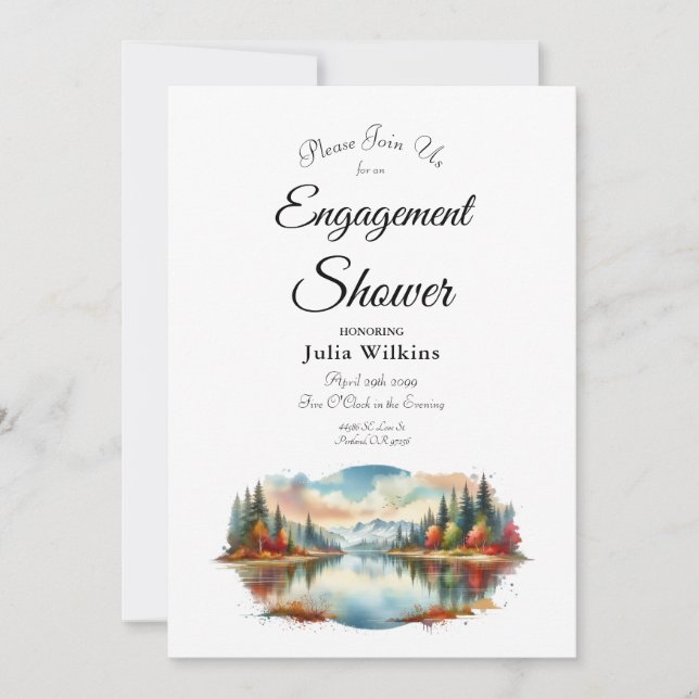 Rustic Autumn Lakeside Forest Engagement Shower Invitation (Front)