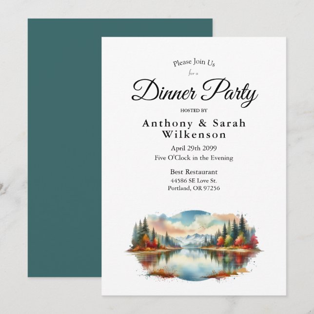  Rustic Autumn Lakeside Forest Restaurant Dinner Invitation (Front/Back)