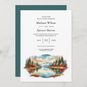 Rustic Autumn Lakeside Forest Wedding Invitation