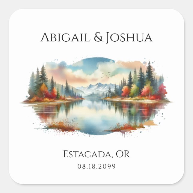 Rustic Autumn Lakeside Forest Wedding  Square Sticker (Front)