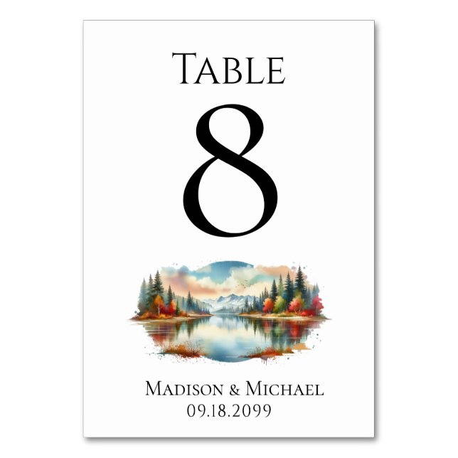 Rustic Autumn Lakeside Forest Wedding Table Number (Front)
