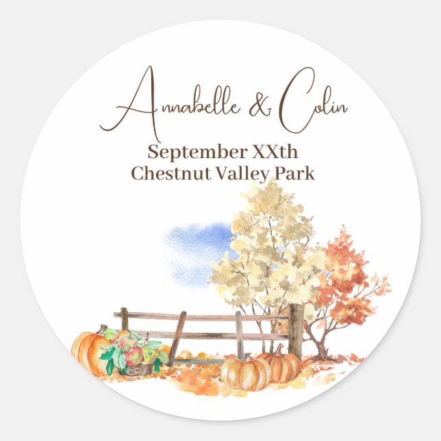 Rustic Autumn Landscape Trees & Pumpkins Classic Round Sticker (Front)