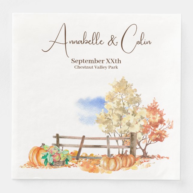 Rustic Autumn Landscape Trees & Pumpkins Paper Dinner Napkins (Front)