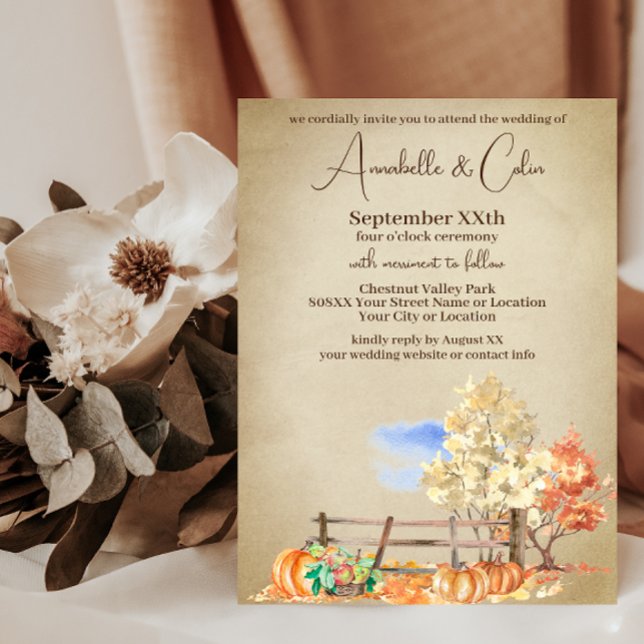 Rustic Autumn Landscape Trees & Pumpkins Parchment Invitation (Creator Uploaded)