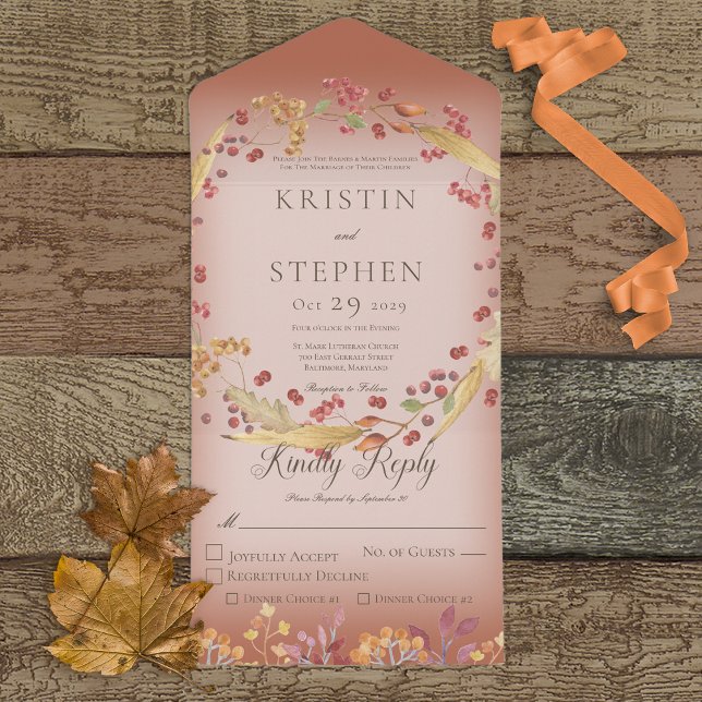 Rustic Autumn Leaf & Berry Wreath Rust Dinner All In One Invitation (Creator Uploaded)