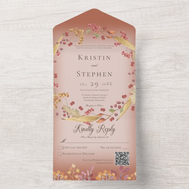 Rustic Autumn Leaf & Berry Wreath Rust QR Code All In One Invitation (Inside)
