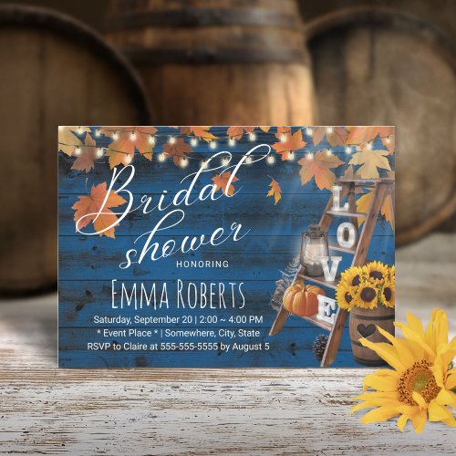 Rustic Autumn Leave Love Ladder Navy Bridal Shower Invitation