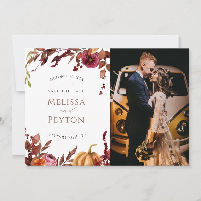 Rustic Autumn Leaves and Pumpkin Save the Date (Front)