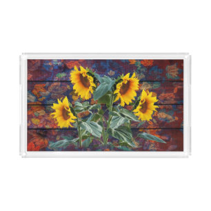 Rustic Autumn Leaves and Sunflowers Acrylic Tray
