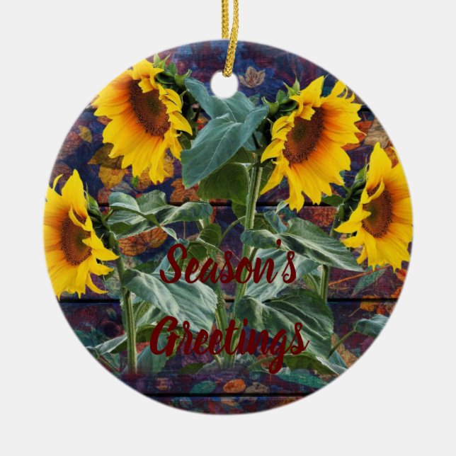 Rustic Autumn Leaves and Sunflowers Ceramic Ornament (Front)