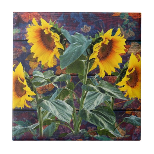 Rustic Autumn Leaves and Sunflowers Ceramic Tile (Front)