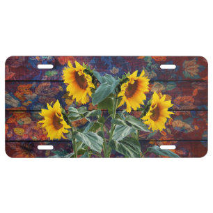 Rustic Autumn Leaves and Sunflowers License Plate