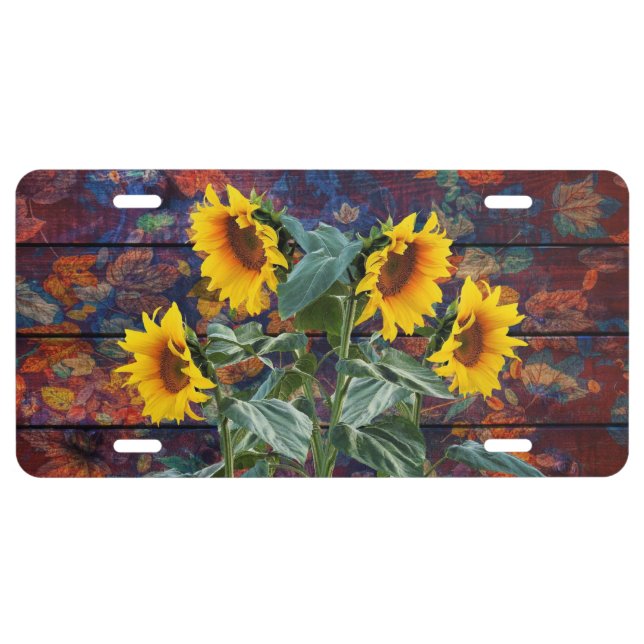Rustic Autumn Leaves and Sunflowers License Plate (Front)