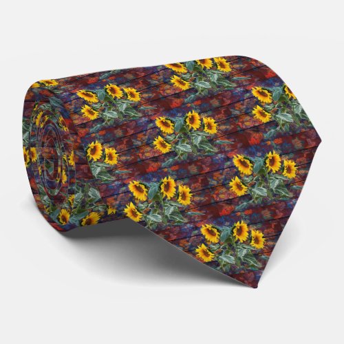 Rustic Autumn Leaves and Sunflowers Neck Tie