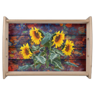 Rustic Autumn Leaves and Sunflowers Serving Tray