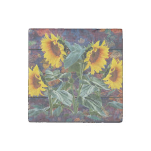 Rustic Autumn Leaves and Sunflowers Stone Magnet