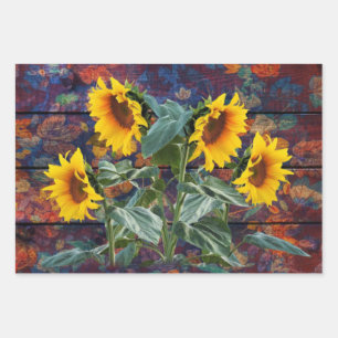 Rustic Autumn Leaves and Sunflowers Wrapping Paper Sheets