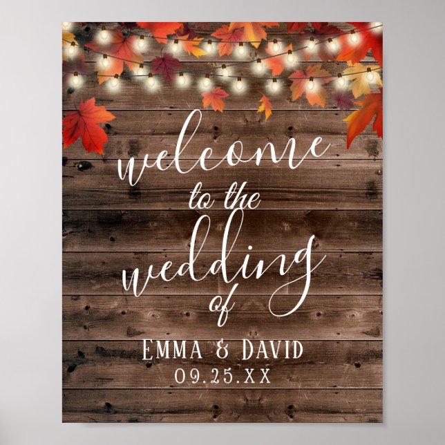 Rustic Autumn Leaves Barn Wood Wedding Sign (Front)