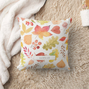 Rustic Autumn Leaves Berries Watercolor Harvest Throw Pillow