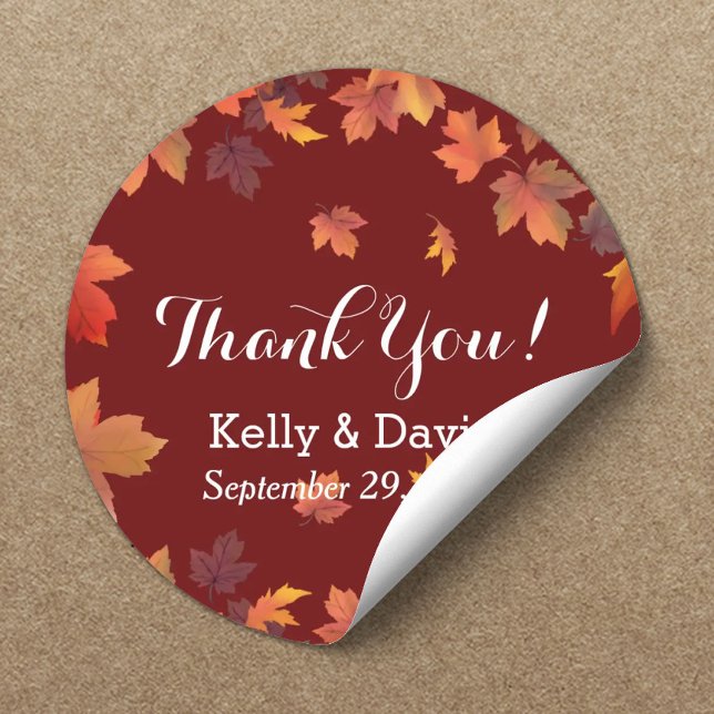 Rustic Autumn Leaves Burgundy Fall Wedding Favor Classic Round Sticker (Creator Uploaded)