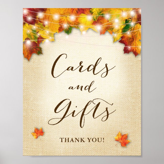 Rustic Autumn Leaves Burlap Cards & Gifts Sign (Front)