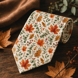Rustic Autumn Leaves Cream Fall Botanical Wedding Neck Tie