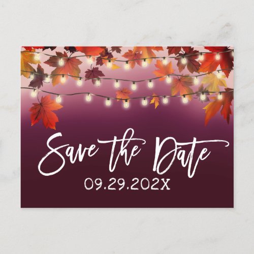 Rustic Autumn Leaves Fall Wedding Burgundy Ombre Announcement Postcard