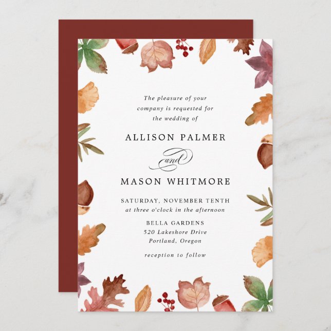 Rustic Autumn Leaves Fall Wedding Invitation (Front/Back)