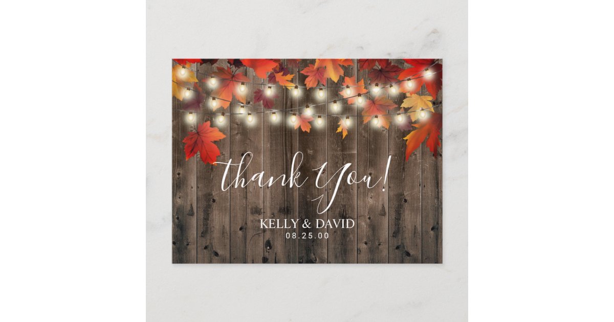Rustic Autumn Leaves Fall Wedding Thank You Postcard | Zazzle