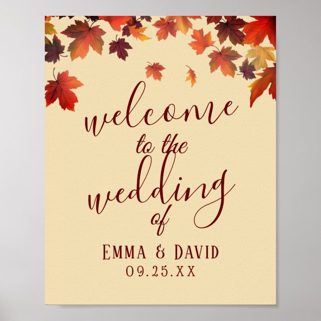 Rustic Autumn Leaves Fall Wedding Welcome Sign (Front)