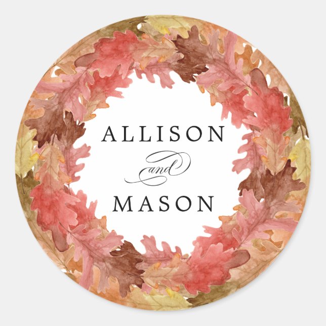 Rustic Autumn Leaves Fall Wreath Wedding Classic Round Sticker (Front)
