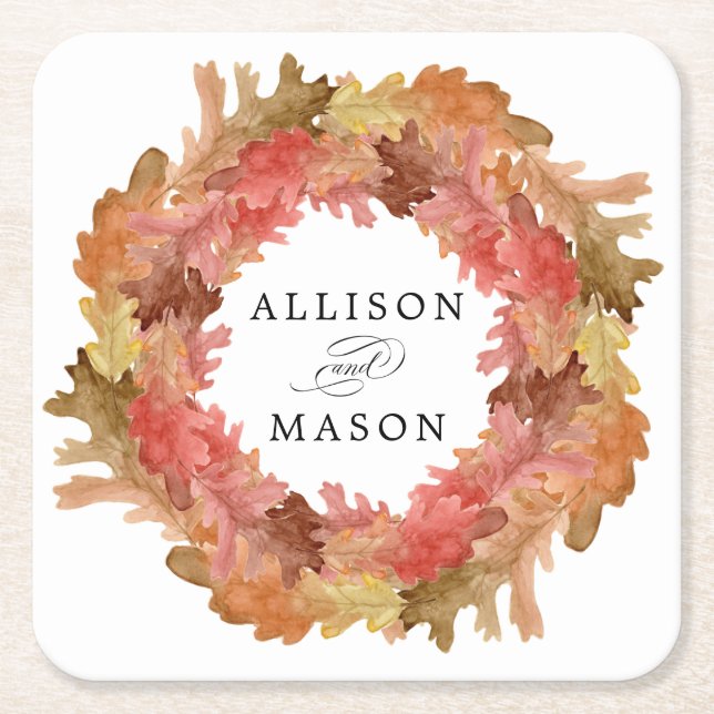 Rustic Autumn Leaves Fall Wreath Wedding Square Paper Coaster (Front)