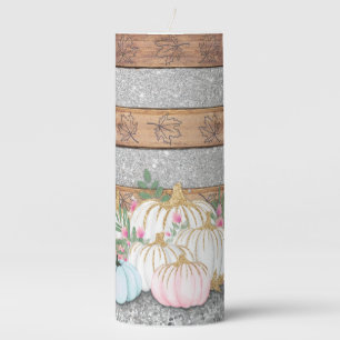 Rustic Autumn Leaves Glitter Pink White Pumpkins  Pillar Candle