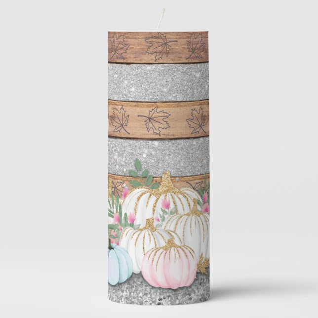 Rustic Autumn Leaves Glitter Pink White Pumpkins  Pillar Candle (Front)