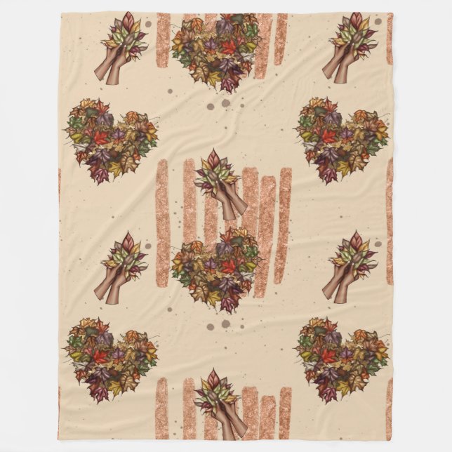 Rustic Autumn Leaves Heart Pattern – Fall Vibes Fleece Blanket (Front)