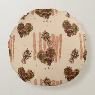 Rustic Autumn Leaves Heart Pattern – Fall Vibes Round Pillow