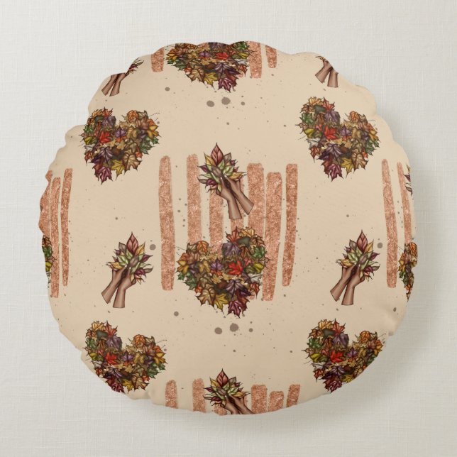 Rustic Autumn Leaves Heart Pattern – Fall Vibes Round Pillow (Front)