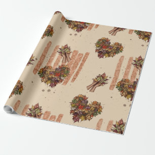 Rustic Autumn Leaves Heart Pattern – Fall Vibes Wrapping Paper